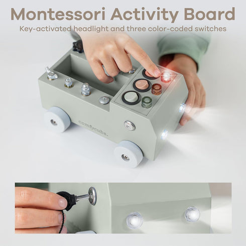 Set 3+ Comfy Cubs Busy Board Toy Truck - Fun & Noise-Free, Pine Wood Activity Board for Toddlers with LED Light Switch