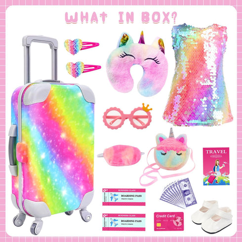 23 18 Inch Set K.T. Fancy Pcs American Doll Clothes & Accessories, Cute Doll Suitcase with Sequined Dress, Sunglasses