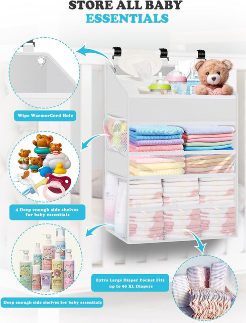 Hanging Diaper Caddy Organizer, Spacious Baby Diaper Organizer for Changing Table, Playpen/Wall - Holds 90+ Diapers