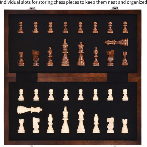 15 Inches Set 2 AMEROUS Magnetic Wooden Chess with Extra Queens/Folding Board/Chess Pieces Storage Slots/Instructions