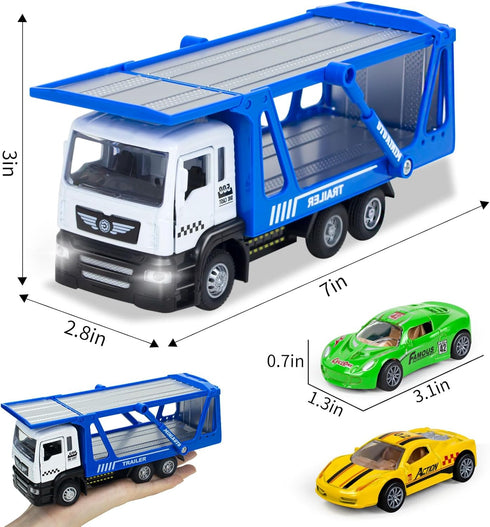 Transporter Carrier Truck Toys with 2Pcs Toy Cars Set - Pull Back Cars with Lights and Sound Trailer Vehicles for Boys