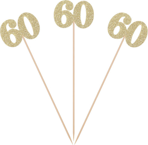 Pack of 10 Gold Glitter 60th Birthday Centerpiece Sticks, Number 60 Table Topper Decorations