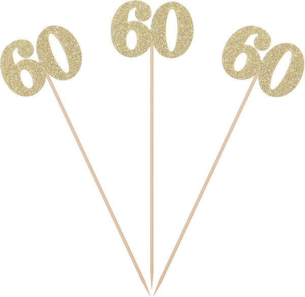Pack of 10 Gold Glitter 60th Birthday Centerpiece Sticks, Number 60 Table Topper Decorations