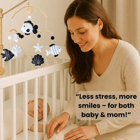 High-Contrast Black & White Fish Montessori Baby Mobile for Crib, Adjustable Wooden Arm Holder, Easy Clip-On Nursery