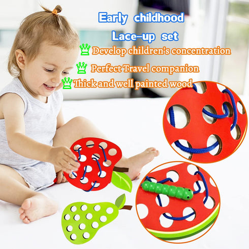4 Pack Wooden Lacing Toy, Educational Threading Activity Puzzles for Toddlers Kids, Wooden Fruit Threading Set