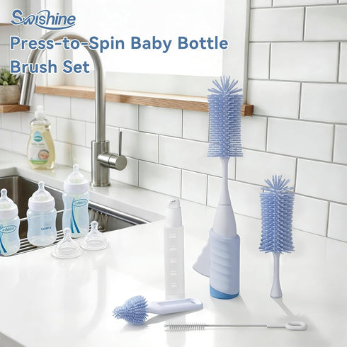 Swishine Set, Baby Bottle Brush Innovative Press-to-Spin Brush Cleaner - Includes Silicone Bottle Brush, Nipple Brush