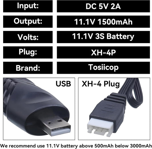 Tosiicop 11.1V 2A 1500mAh XH-4P 3S 11.1 2 Pack Battery Charger Airsoft - USB Chargers with Plug Gel Blaster Lipo