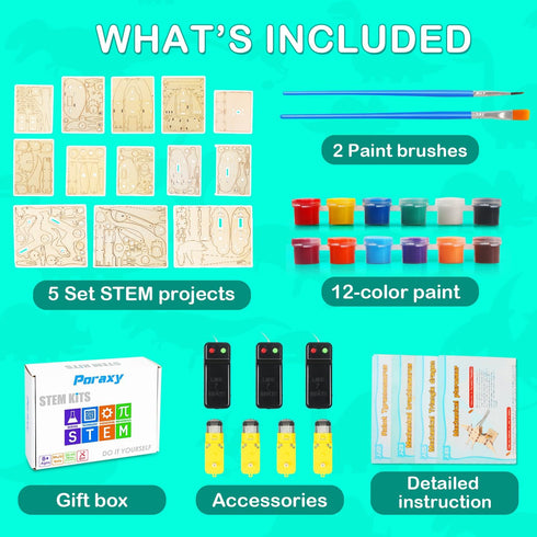 Poraxy 4 in 1 Dinosaur STEM Kits for Kids Ages 8-10, Educational Science Building Projects, 3D Wooden Puzzles Gift for