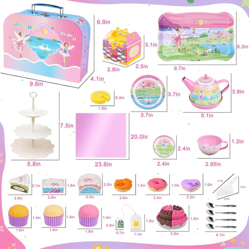 Set 50PCS 3-6 Tea for Little Girls,PRE-WORLD Princess Tea Party Time Toy Including Dessert,Cookies,Doughnut,Teapot Tray