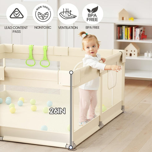 47x47in Uanlauo Beige Small Baby Playpen - Playpen for Babies and Toddlers, Safe Indoor Play Pen, Baby Pen with Storage