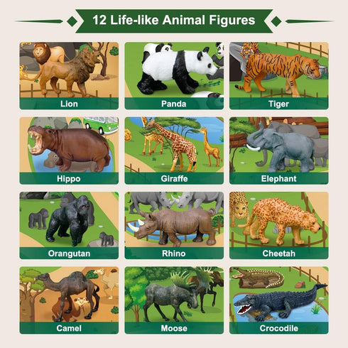 12 57x38.6 Playset Mini Tudou Pcs Safari Animals Figures Toys w/ Large Activity Play Mat, Realistic Jumbo Jungle Wild