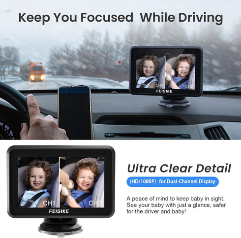FEISIKE Baby Car Camera with 1080P Dual-Channel, 5 inch Display, 2 IR Night Vision Cameras for Rear Facing Seat