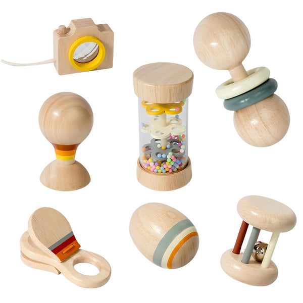 BONOVISTA 7 PCS Wooden Baby Toys Set - Organic Infant Rattles Newborns 0-6