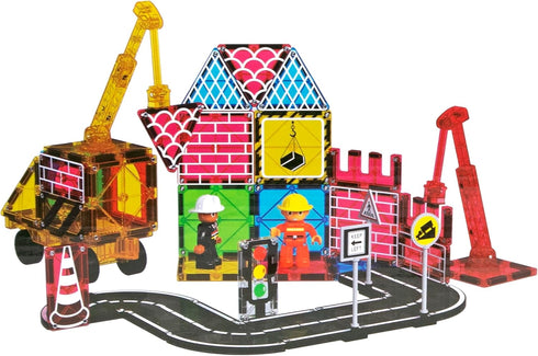 Set, 3+ 52-Piece Playmags City Construction Magnetic Tiles Building Blocks with Crane & Road Pieces, Educational STEM