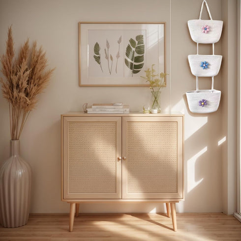 3 2 Tier Cotton Rope Hanging Wall Basket, Cute Flower Decor Wall Mounted Storage Organizer for Nursery, Bathroom