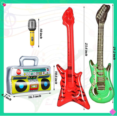 BBTO 15 Pcs Inflatable Rock Star Toy Set, 23.6 Inch Electric Guitar, Bass Guitar, Microphones & Boombox
