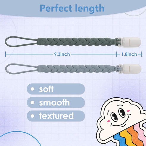 Stylish Silicone Pacifier Clips 4-Pack for Baby Boys and Girls, Woven Rope Design for Teething Relief, Grey