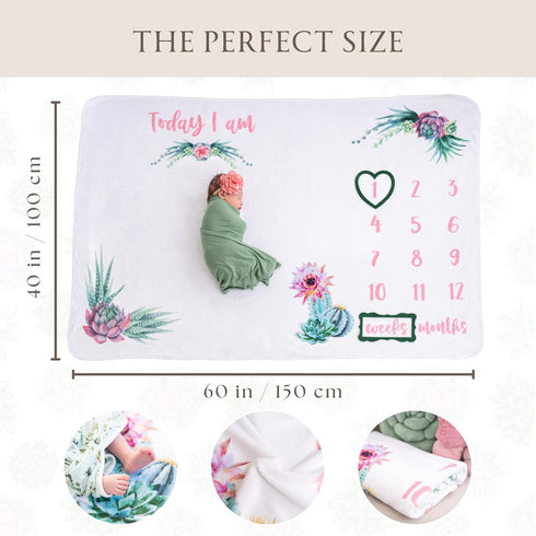 Baby Monthly Milestone Blanket for Baby Girl, 60"x40" Cactus Growth Chart, Weekly & Monthly Photography Prop