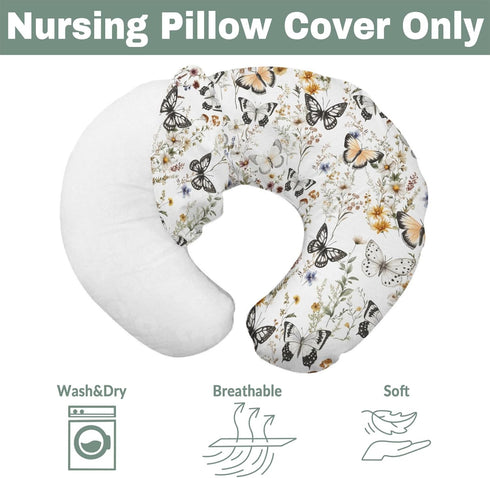 Summer Boho Floral Butterflies Nursing Pillow Covers for Boy Girl Vintage Wildflowers Leaves Nursery Feeding Pillowcase