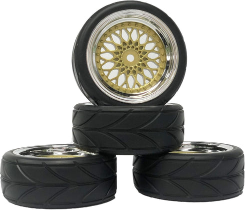4PCS 64mm RC On Road Rubber Tires and Plastic Plating Wheel Rims Set for 1/10 RC Touring Racing Drift Car