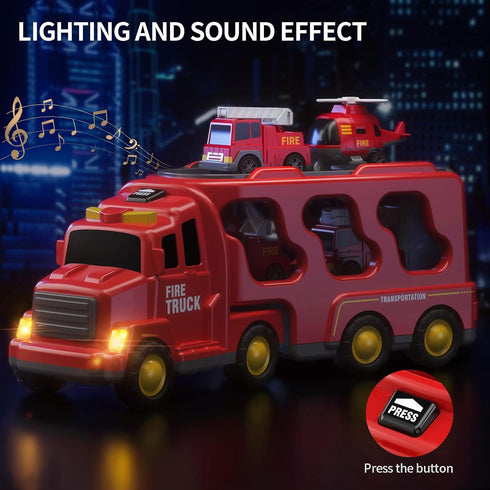 TEMI Fire Toys for 3-6 Years Old - 5 in 1 Carrier Truck Transport for Toddlers 1-3, Friction Power Vehicles