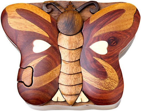 Butterfly Wooden Puzzle Box Handcrafted Secret Compartment Keepsake, Exotic Natural Hardwood, Unique