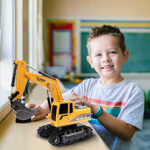 Remote Control Excavator Toy - RC Construction Metal Shovel Digger with Lights Sounds, 360 Rotation for Ages 3-10
