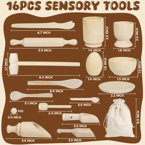 25PCS Set, Counting Hammering Hiawbon Wooden Sensory Bin Tools for Toddlers, Wooden Pretend Play Sensory Tools