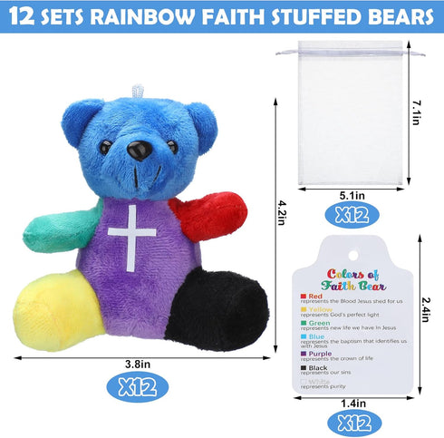 18 Pcs Rainbow Faith Stuffed Bears, 4" Religious Plush Bears, Christian Mini Bear Bible Verse Party Favor