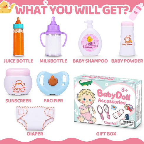 Set 16 Pack Baby Doll Accessories in Gift Box, Baby Doll Feeding Caring Kit with Pacifiers & Diaper Bag & Magic
