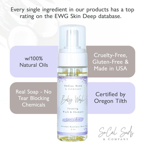 SoCal Suds & Company - 2-in-1 Organic Foaming Shampoo & Body Wash - Gentle Botanical Baby Wash and Shampoo for Sensitive Skin Bath - Nourishing Soothing Castile Soap - Newborn Baby - Lavender, 6oz