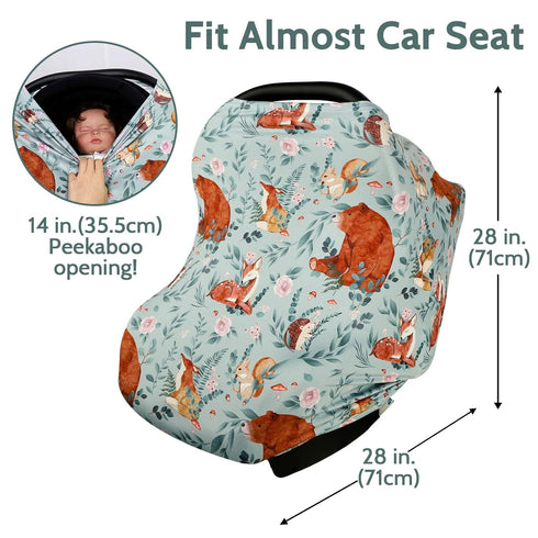 Baby Car Seat Cover, Multi-use Nursing Cover for Breastfeeding, Stretchy Stroller Canopy, Woodland Animal Bear