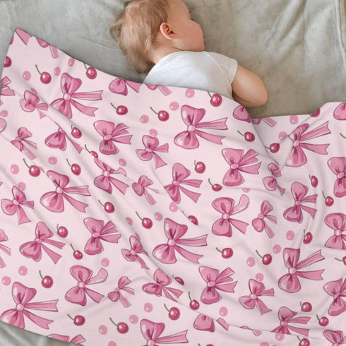 30x40 Inch Baby Blanket Pink Bow Pattern Cherry for Boy Girl Newborn Toddler Infant Nursery Throw Blankets Double Layer