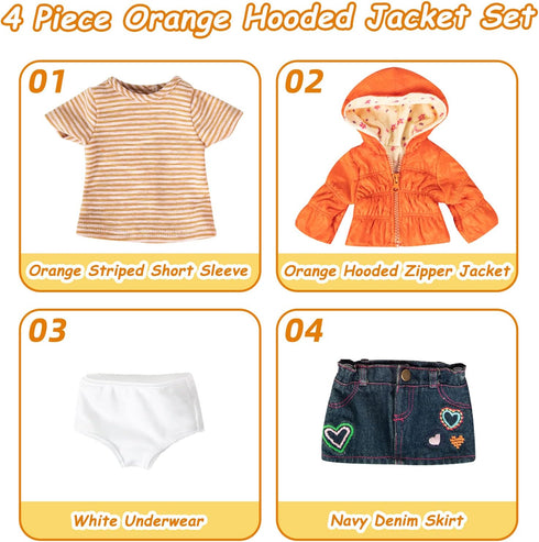 Doll Clothes Set Fashion 4 Pieces with Hooded Coat, T-Shirt, Jeans Skirt & Underpants for 18 Inch Dolls