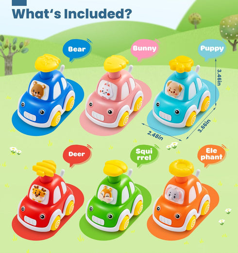 1-2 6 Pack 0-2, 6-9-12-18 1-3 Jyusmile Press and Go Car Toddlers Toys for Year Old Boy, Animal Baby Cars Toys for Age