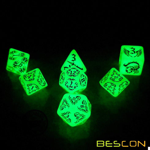 BESCON DARK ELVES Glowing Dice Set (7 piece), Oversized GLOW in DARK Carved RPG Dice Set