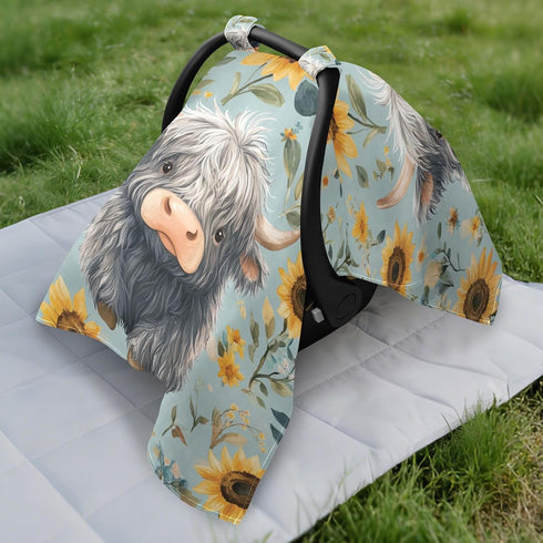 Dalzium Highland Cows and Sunflowers Car Seat Cover Baby, Carseat Canopy Cover for Girl Boy, Breathable Baby Carrier