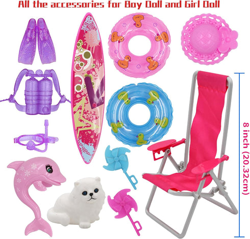 42Pcs Doll Clothes and Swimming Accessories for 12 inch Boy and Girl Dolls, Includes Bikini Swim Suit, Swim Trunks,