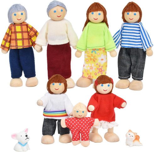 Wooden Doll House People Set of 7 Miniature Figures and 2 Pets, Dollhouse Dolls Family Accessories for Kids