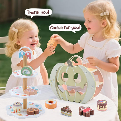 Set, Playset 3-6 CUTE STONE Wooden Toy Tea Party Kids Dessert with Double-Sided Holiday Stand, Cupcake Stand, Pretend