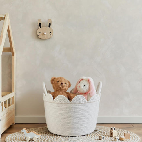 LemonRoad 15.8"L 15.8"W X13.8"H Closet White Round Basket Large Blanket Basket x Scalloped Woven Baskets Cotton Storage