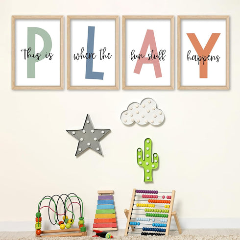 YWJKWLGS 16"x11" Set 4 This Is Where The Fun Stuff Happens Kids Playroom Wall Decor of Nursery Interesting Modren Wood