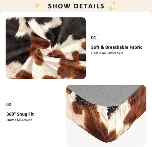 CZXW 52" 28" Retro Cow Black Brown Crib Sheets Fitted x Natural Cotton Soft & Breathable for Baby Crib Mattress