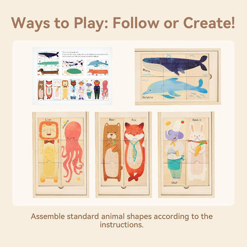 3+, Wooden Animal & Career Matching Puzzles for Ages Chunky Pieces with Storage Box, Montessori Preschool Learning Toy