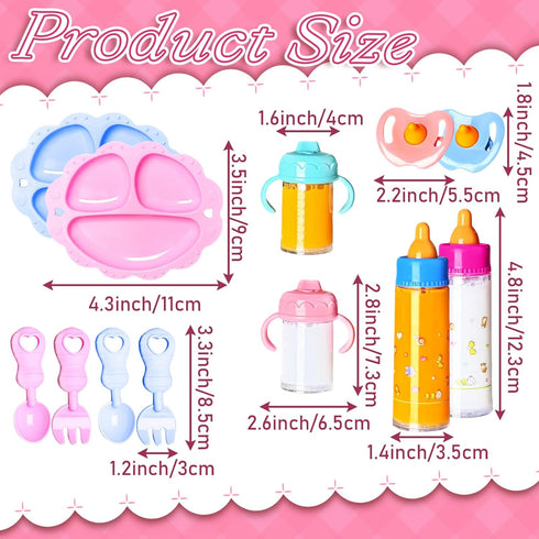 15Pcs Set,Pretend Baby Doll Accessories Magic Bottle Play Feeding Toy with Juice Milk Bottles,Sippy Cups,Pacifiers,Bowl