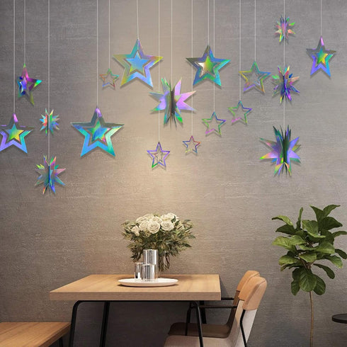 Cheerland Iridescent Star Garland Decorations, Holographic Hanging Star Party Decoration for Galaxy Birthday Decor