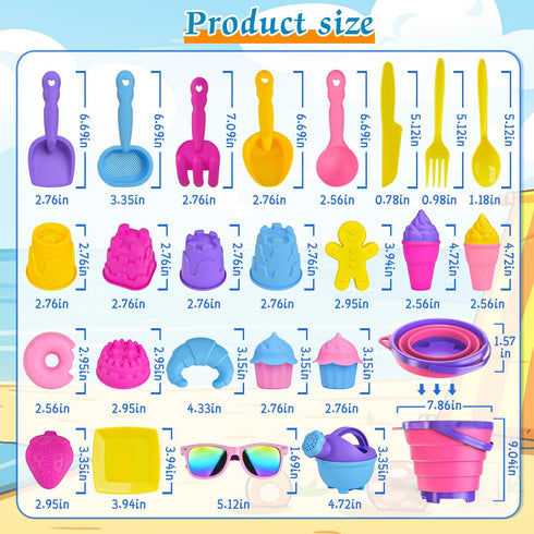 Fegalop 31PCS Set Set Beach Toys for Girls Kids, Collapsible Sand Bucket and Shovels with Watering Can, Ice Cream Cake
