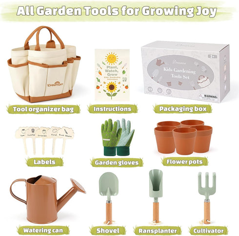 Set Dreamon Gardening Toys for Kids, Quality Garden Tool Kit Includes Tote Bag, Gloves, Shovel, Rake, Cultivator