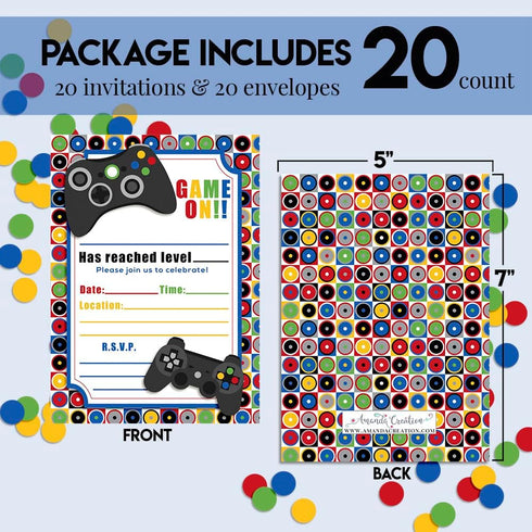 Game On! Video Gamer Birthday Party Fill In Invitations, 20 Fill In Cards with Envelopes by AmandaCreation