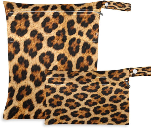 Haskirky Leopard Print Brown 2 Pcs Cloth Diaper Wet Dry Bags,Waterproof and Washable